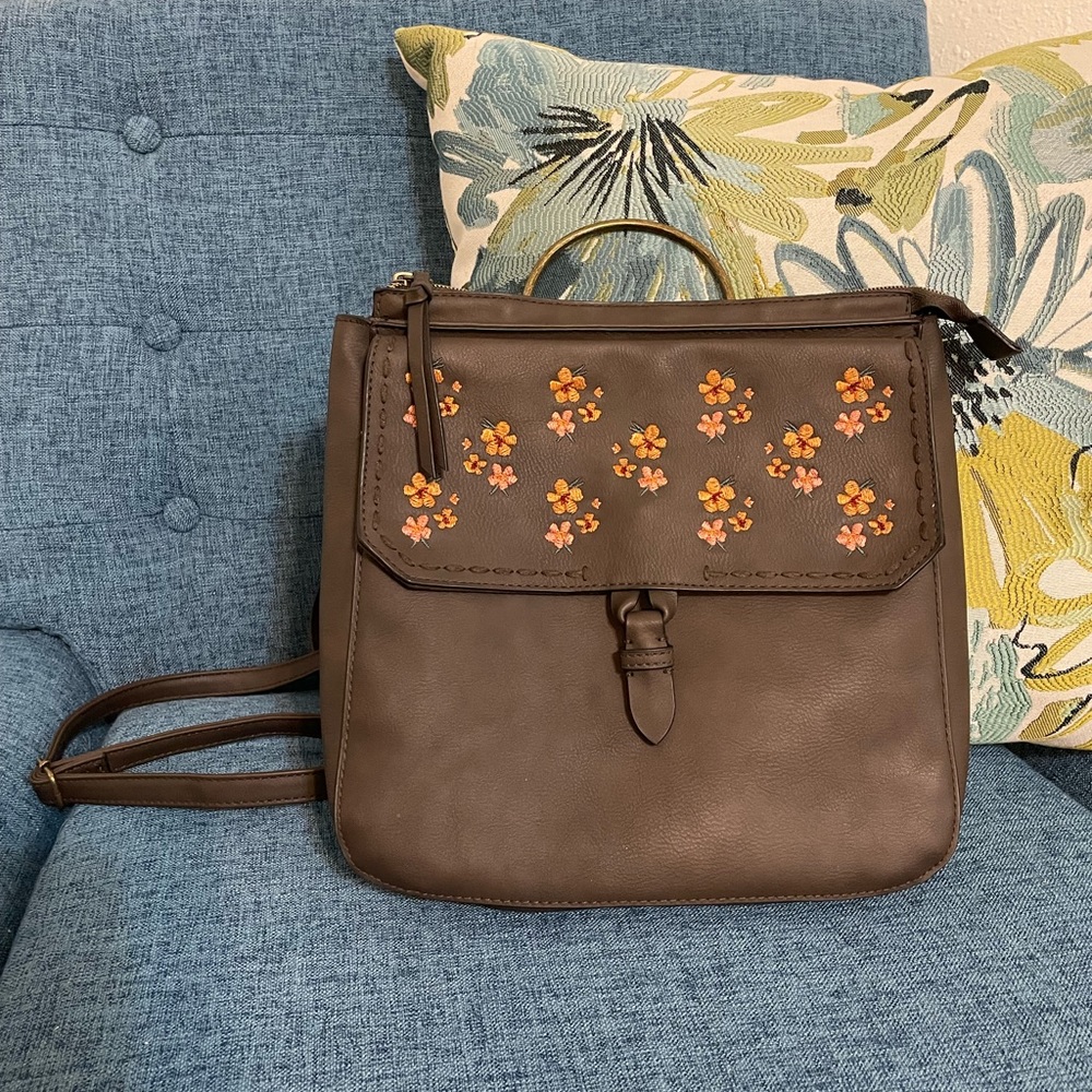 Floral Embroidered Faux Leather Saddlebag Backpack